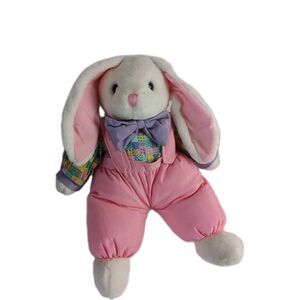 Main Joy Easter Bunny Rabbit Plush Vintage Pink Overalls Purple Bow White HTF